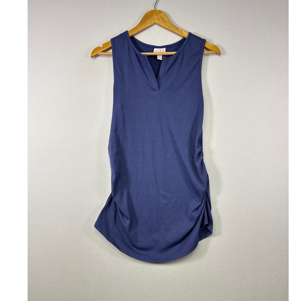 Isabel Maternity Tank Top Women Medium‎ Blue Ribbed Ruched V-Neck Sleeveless